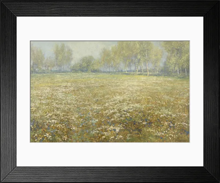 Framed Print : Meadow in Bloom, by Egbert Rubertus Derk Schaap, 1913, Dutch painting, oil on canvas. Flowers covered field bordered in distance with a row of birch trees. (BSLOC_2016_1_188)