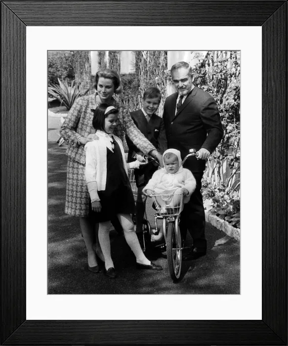 Framed Print : The Royal Family of Monaco posing in the garden of their palace. L-R: Princess Grace, Princess Caroline, Prince Albert, Princess Stephanie, Prince Rainier, April 6, 1966