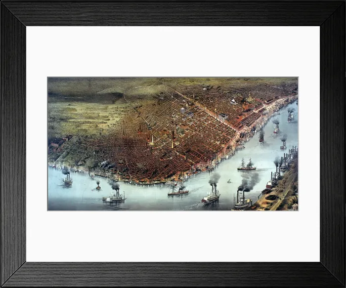 Framed Print : Birds eye view of New-Orleans in 1880, with dense riverboat traffic on the Mississippi River