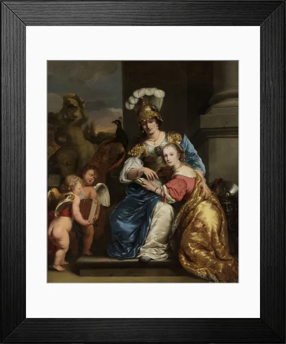 Framed Print : Margarita Trip as Minerva, Instructing her Sister Anna Maria Trip, by Ferdinand Bol, 1663, Dutch painting, oil on canvas. Two daughters of the wealthy, arms dealing, Trip family