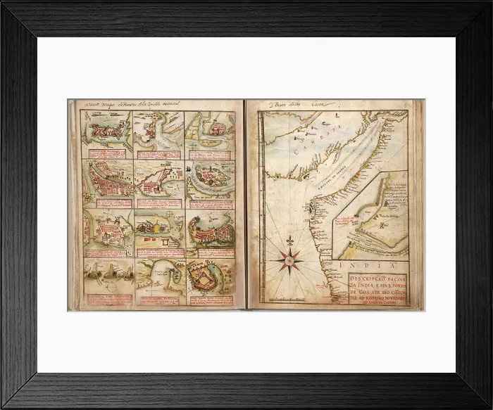 Framed Print : Portuguese maps showing views of port settlements and fortifications in Africa and Asia, from 1630 atlas Framed Print : Portuguese maps showing views of port settlements and fortifications in Africa and Asia, from 1630 atlas