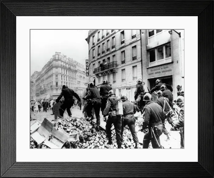 Framed Print : RIOTS-Riot police on barricade in the Latin Quarter of Paris during the riots of 1968.. Courtesy: CSU Archives  /  Everett Collection