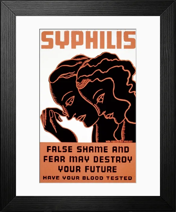 Framed Print : Poster for treatment of syphilis, showing a man and a woman bowing their heads in shame, text reads: Syphilis, False shame and fear may destroy your future