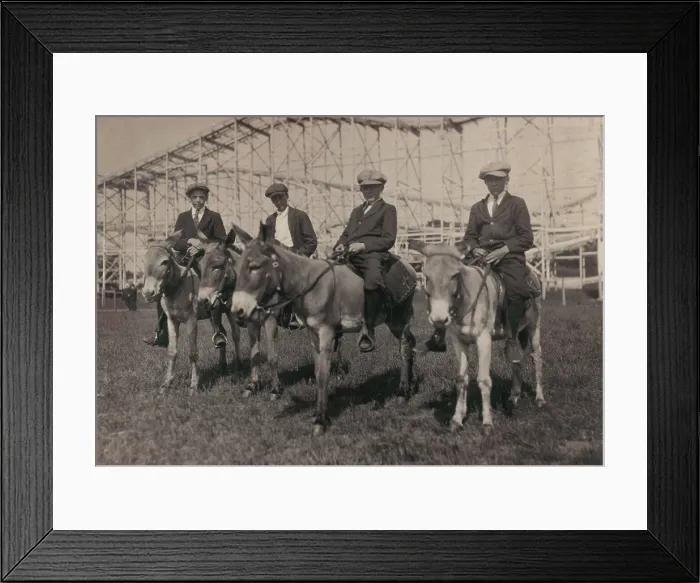 Framed Print : Young men on donkeys, original caption: Sandy Beach, Sunday recreation - mill boys 14-16, Fall River, Massachusetts, photograph by Lewis Wickes Hine, June, 1916