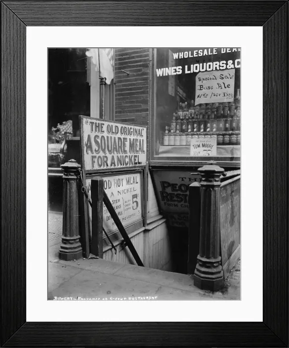 Framed Print : New York City, the Bowery, entrance to a five cent restaurant, photograph, circa 1910s-1920s