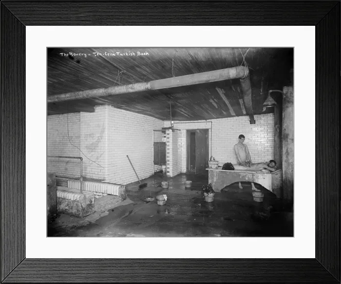 Framed Print : New York City, the Bowery, a ten-cent Turkish bath, photograph, circa 1900s-1920s