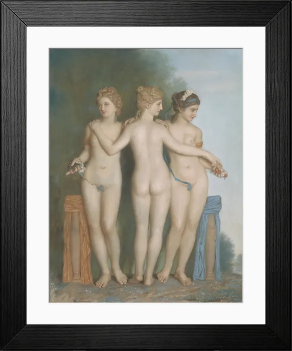 Framed Print : The Three Graces, by Jean-Etienne Liotard, 1737, Swiss painting, pastel on parchment. Three naked women standing, with flowers and fruits in their hands Framed Print : The Three Graces, by Jean-Etienne Liotard, 1737, Swiss painting, pastel on parchment. Three naked women standing, with flowers and fruits in their hands