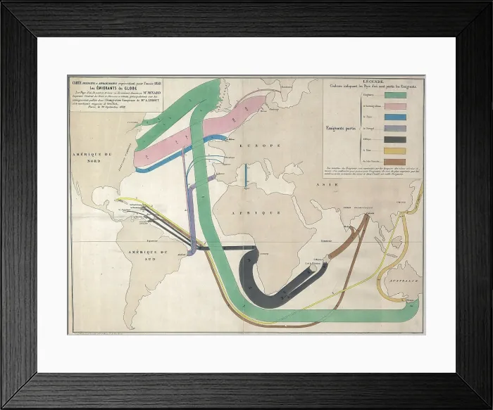 Framed Print : 1858 French map showing immigration routes from Europe. The majority of emigration is out of Northern Europe to Canada, Northern USA, and Australia Framed Print : 1858 French map showing immigration routes from Europe. The majority of emigration is out of Northern Europe to Canada, Northern USA, and Australia