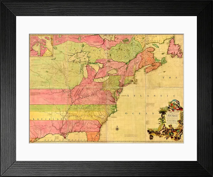 Framed Print : 1855 map of the British and French dominions in North America, showing the extent of the distinct colonial settlements at the beginning of the French and Indian War (1756-63)