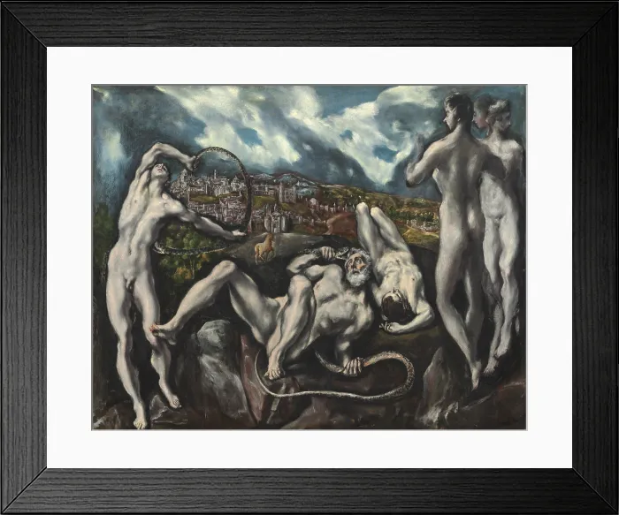Framed Print : Laocoon, by El Greco, 1610-14, Greek / Spanish painting, oil on canvas. Laocoon, a Trojan priest and his two sons are attacked by giant serpents sent by Athena
