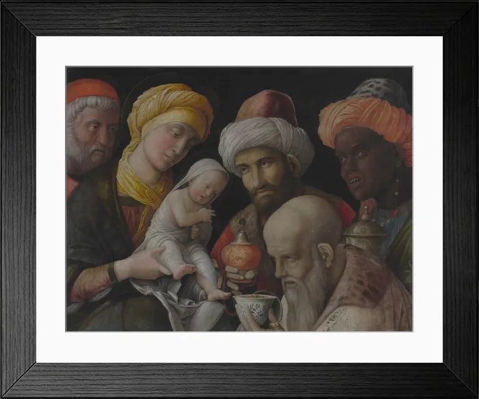 Framed Print : Adoration of the Magi, by Andrea Mantegna, c. 1495-1505, Italian painting, distemper on linen. Three Kings pay homage to the Christ Child Framed Print : Adoration of the Magi, by Andrea Mantegna, c. 1495-1505, Italian painting, distemper on linen. Three Kings pay homage to the Christ Child