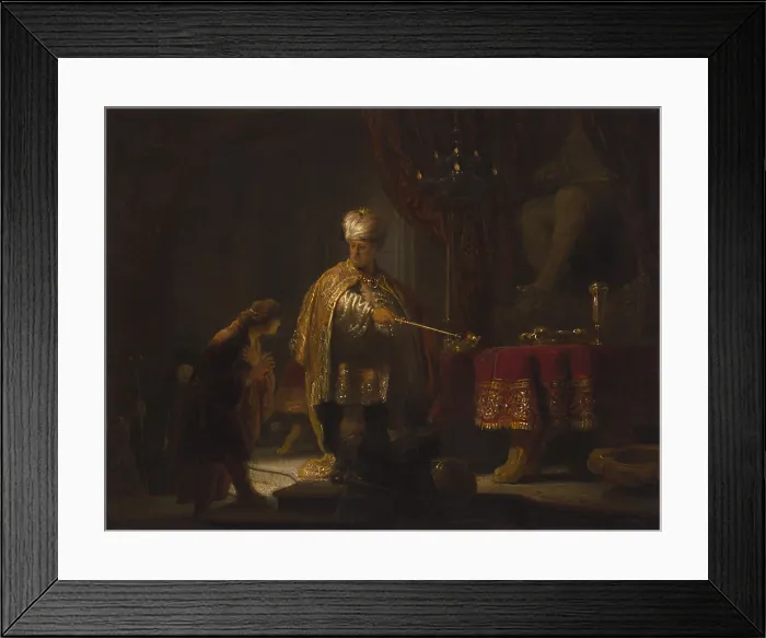 Framed Print : Daniel and Cyrus Before the Idol Bel, by Rembrandt van Rijn, 1633, Dutch painting, oil on panel. Humble Daniel explains to Great King Cyrus why he does not worship the deity Bel