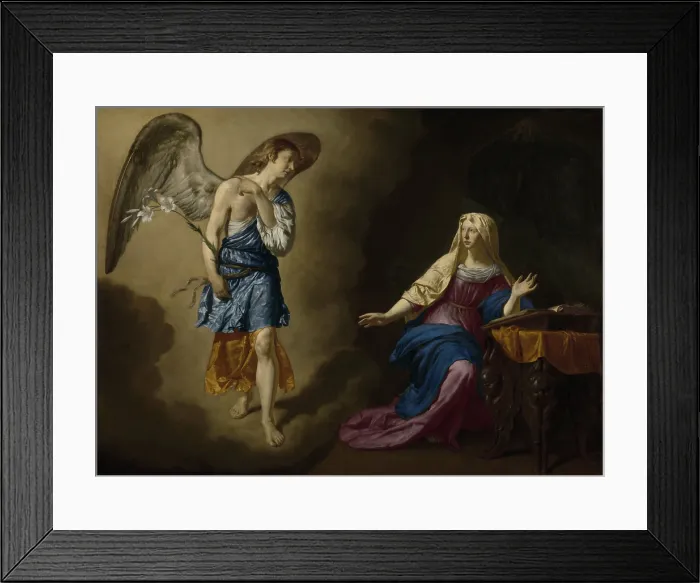 Framed Print : The Annunciation, by Adriaen van de Velde, 1667, Dutch painting, oil on canvas. Standing on a cloud, the angel announces to Mary that she will conceive and bear God's son