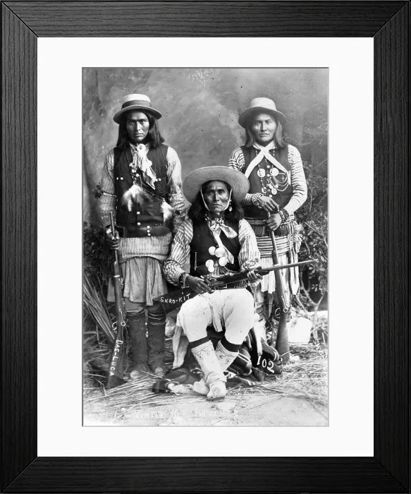 Framed Print : Wild West. Das-Luca, Skro-Kit, Shus-El-Day: White Mountain Apaches posed with rifles, 1909