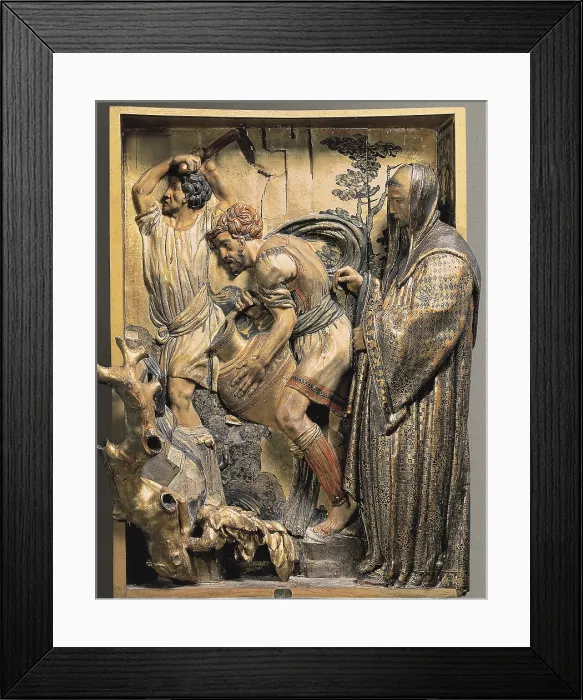 Framed Print : BERRUGUETE, Alonso (1480-1561). Altarpiece of San Benito el Real. 1526. Saint Benedict makes water rise from a tree in Subiaco. Polychrome relief. Renaissance art. Relief. SPAIN Framed Print : BERRUGUETE, Alonso (1480-1561). Altarpiece of San Benito el Real. 1526. Saint Benedict makes water rise from a tree in Subiaco. Polychrome relief. Renaissance art. Relief. SPAIN