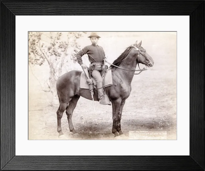 Framed Print : Wild West. The Cavalier. The young soldier and his horse on duty at camp, Cheyenne. photo by John C. Grabill, 1890