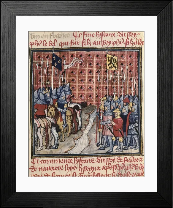 Framed Print : Philip V's army meeting Flanders troops. Illustration from 'Grandes Chroniques de France' (14th century). Gothic art. Miniature Painting. FRANCE. Chantilly