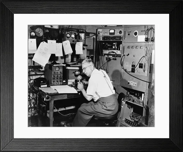 Framed Print : Ted Gempp, operator of the radio station at Alpine, N.J. at microphone in the control room of the station. 1948 Framed Print : Ted Gempp, operator of the radio station at Alpine, N.J. at microphone in the control room of the station. 1948