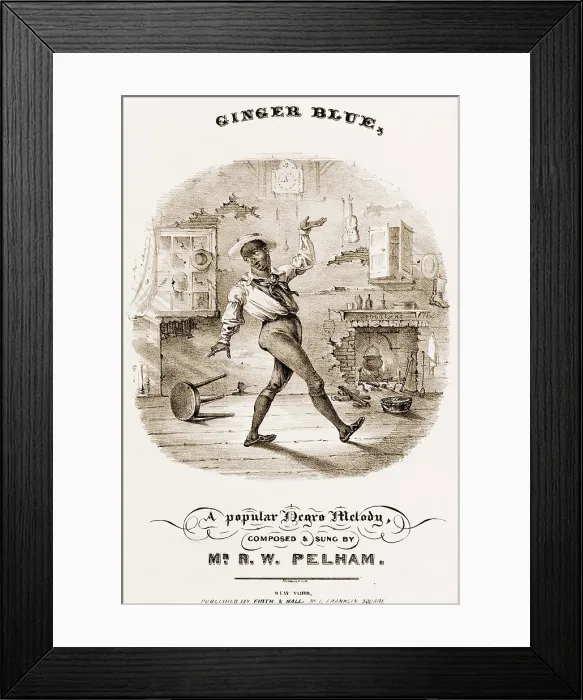 Framed Print : Sheet music cover showing an African American dancing in dilapidated room, with kettle in fireplace