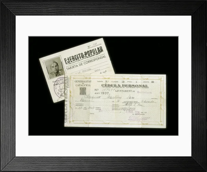 Framed Print : Spanish Civil War (1936-1939). War correspondent card of the Popular Army (1938) and identity card issued by the Generalitat of Catalonia (1937). SPAIN. Monistrol de Montserrat
