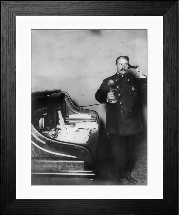 Framed Print : New York City, police department activities, Inspector McCafferty, on telephone, photograph, 1908 Framed Print : New York City, police department activities, Inspector McCafferty, on telephone, photograph, 1908
