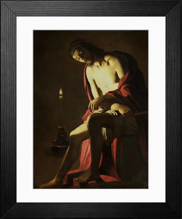Framed Print : Christ on the Cold Stone, by Gerard van Honthorst (copy after), c. 1614, Dutch painting, oil on canvas. Jesus sits on a bench, with crown of thorns on his head