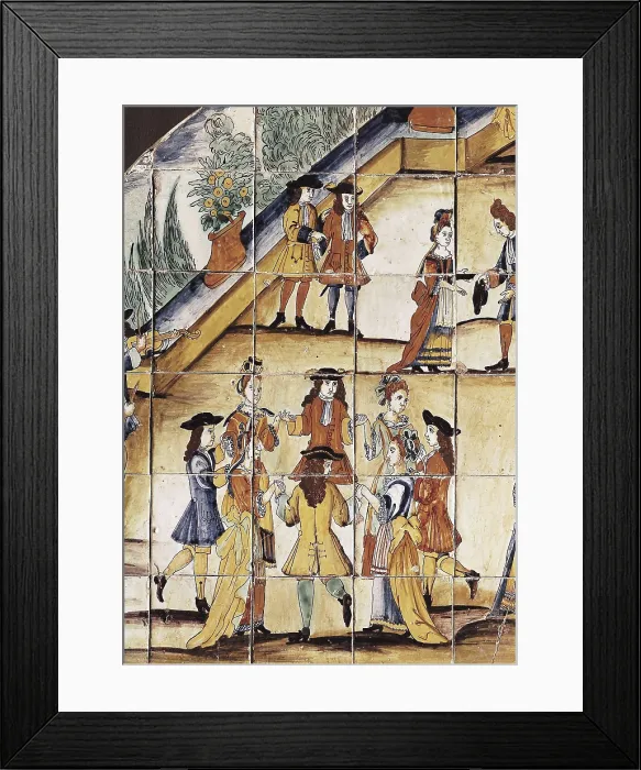 Framed Print : The Chocolatada. 1710. Detail of the dance. Representation of a series of trades and traditional scenes in glazed ceramic. Ceramics. SPAIN. Barcelona