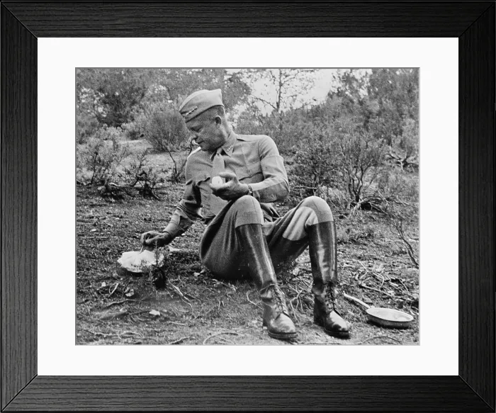 Framed Print : World War II, Future President General Dwight D. Eisenhower (1890-1969), stopping for noon mess by the roadside during an inspection tour in Tunisia Framed Print : World War II, Future President General Dwight D. Eisenhower (1890-1969), stopping for noon mess by the roadside during an inspection tour in Tunisia