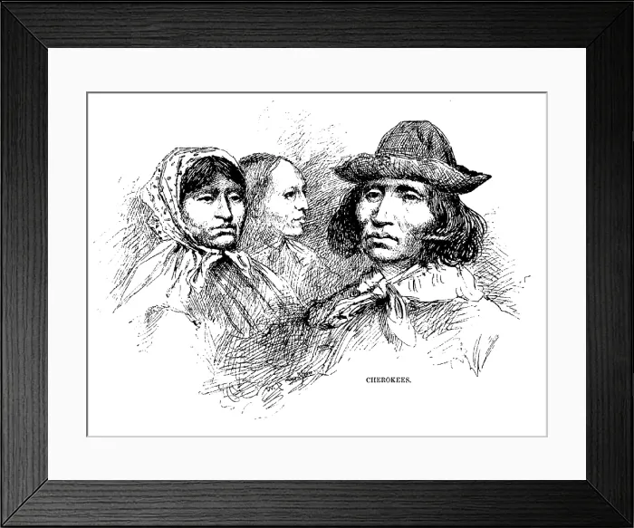 Framed Print : Cherokee Tribe. Engraved portraits of Cherokee women and a man, ca. 1880