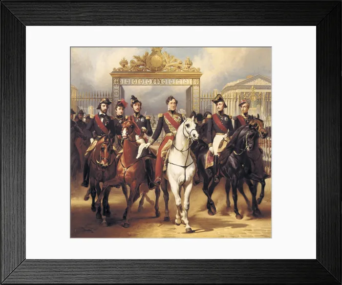 Framed Print : VERNET, Emil-Jean-Horace (1789-1863). Louis-Philippe and his Sons on Horseback in front of the Bar of the Chateau de Versailles. 1846