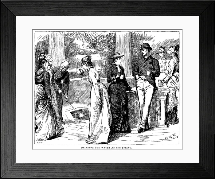 Framed Print : The Greenbrier, White Sulphur Springs West Virginia. Victorian guests sample the waters. Engraving ca. 1878