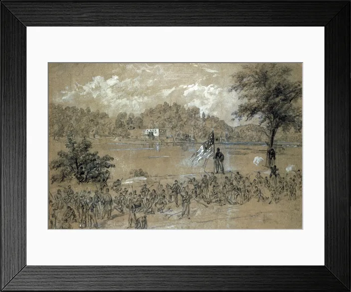 Framed Print : The Civil War. The battle of Shepherdstown, West Virginia. Ford near Shepherdstown, on the Potomac. Pickets firing across the river. September, 1862. Drawing by Alfred Waud. 1862 Framed Print : The Civil War. The battle of Shepherdstown, West Virginia. Ford near Shepherdstown, on the Potomac. Pickets firing across the river. September, 1862. Drawing by Alfred Waud. 1862