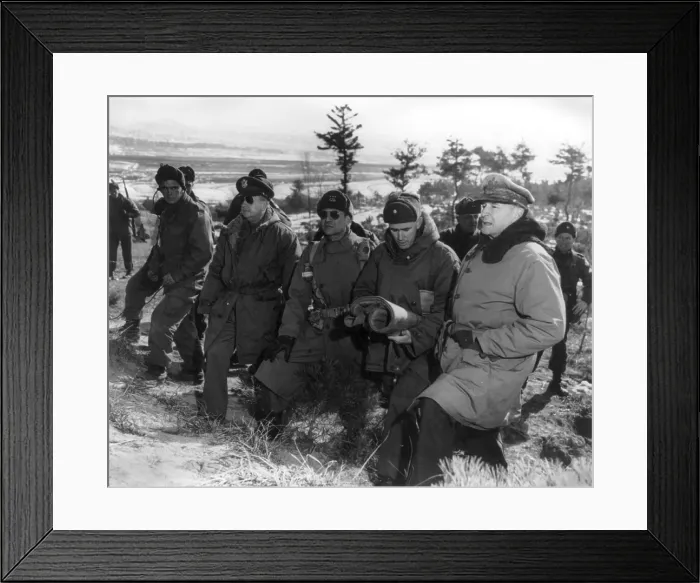 Framed Print : The Korean War, General Douglas MacArthur (right), accompanied by Courtney Whitney, Matthew B. Ridgway, William B. Kean, at the front lines above Suwon, Korea, January 28, 1951 Framed Print : The Korean War, General Douglas MacArthur (right), accompanied by Courtney Whitney, Matthew B. Ridgway, William B. Kean, at the front lines above Suwon, Korea, January 28, 1951