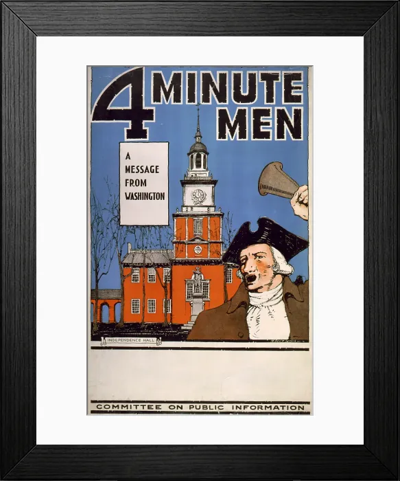 Framed Print : World War I, town crier, with bell in hand, in front of Independence Hall, titled: Four Minute Men, a message from Washington, lithograph by H. Devitt Welsh, 1917