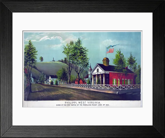 Framed Print : The Civil War. Philippi, West Virginia, scene of the first battle of the rebellion, fought June 3rd 1861. Color lithograph, 1896 Framed Print : The Civil War. Philippi, West Virginia, scene of the first battle of the rebellion, fought June 3rd 1861. Color lithograph, 1896