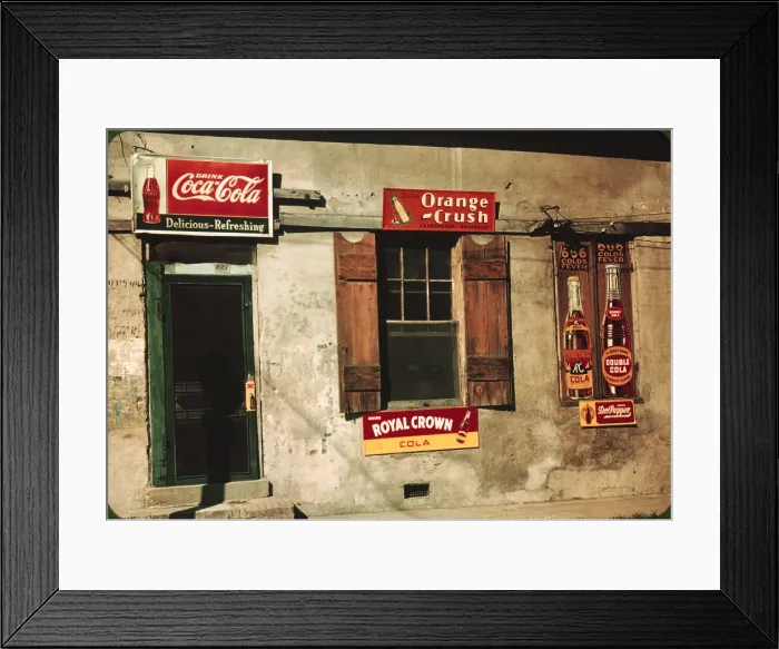 Framed Print : A store or cafe with soft drink signs: Coca-Cola, Orange-Crush, Royal Crown, Double Cola, and Dr. Pepper, Natchez, Mississippi, photograph by Marion Post Wolcott, August, 1940