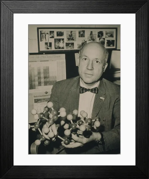 Framed Print : Melvin Calvin (1911-1997 ), 1961 Nobel Prize winning American Chemist holding a model of the sucrose molecule