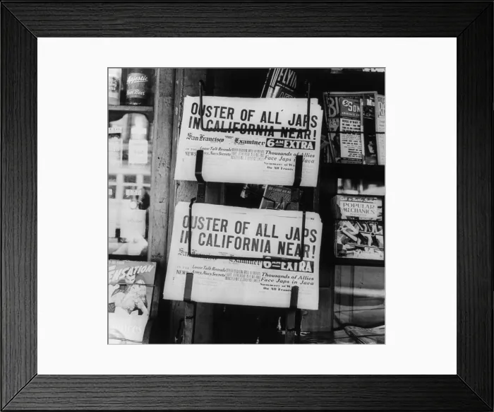 Framed Print : World War II, news headlines announcing the forthcoming Japanese relocation in California, text reads: Ouster of all Japs in California near