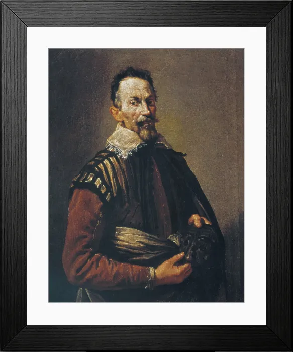 Framed Print : MONTEVERDI, Claudio (1567-1643). Italian composer. Portrait of Claudio Monteverdi holding the mask of tragedy, 1640. Baroque art. Oil on canvas. ITALY. Venice Framed Print : MONTEVERDI, Claudio (1567-1643). Italian composer. Portrait of Claudio Monteverdi holding the mask of tragedy, 1640. Baroque art. Oil on canvas. ITALY. Venice