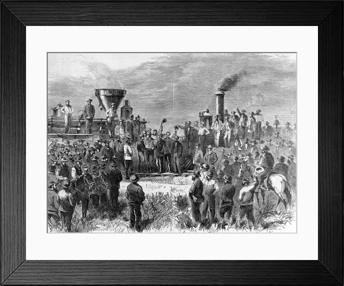 Framed Print : Completion of Pacific Railroad, meeting of locotives of the Union and Pacific lines, the engineers shake hands, wood engraving, 1869 Framed Print : Completion of Pacific Railroad, meeting of locotives of the Union and Pacific lines, the engineers shake hands, wood engraving, 1869