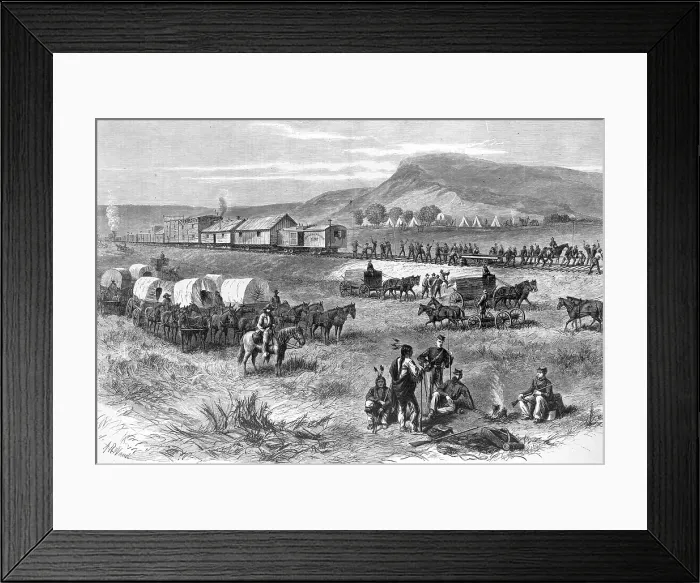 Framed Print : Railroad building on the great plains, wood engraving, by Alfred R. Waud, 1875