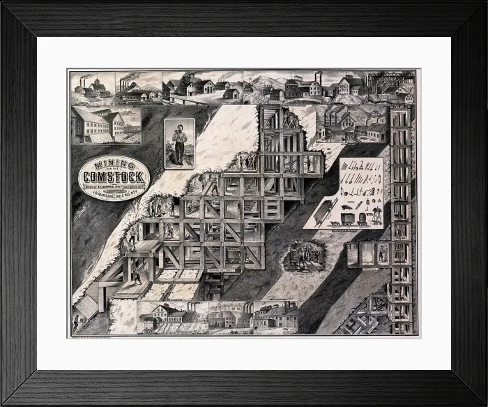 Framed Print : Mining on the Comstock, cutaway of hillside showing tunnels, supports, shafts and miners, as well as exterior views of several mining companies working the Comstock Lode Framed Print : Mining on the Comstock, cutaway of hillside showing tunnels, supports, shafts and miners, as well as exterior views of several mining companies working the Comstock Lode
