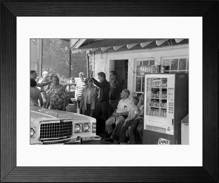 Framed Print : Future President Jimmy Carter (center, waving), makes a campaign stop at his brother Billy's gas station in their hometown of Plains, Georgia, photograph by Thomas J