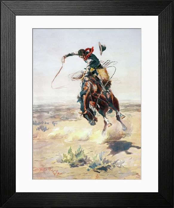 Framed Print : Cowboy on a bucking bronco, A Bad Hoss, photomechanical print by Charles M. Russell, 1905