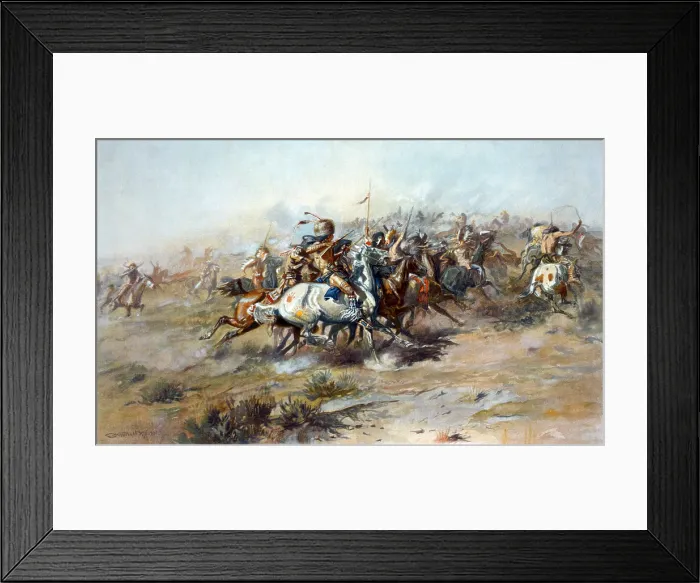 Framed Print : The Custer fight, the Battle of the Little Bighorn, showing Sioux on horseback in foreground, photomechanical print by Charles M. Russell, 1903
