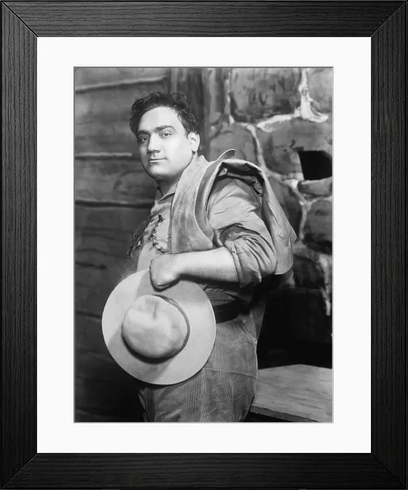 Framed Print : Enrico Caruso (1873-1921), dressed in buckskin, for his role as Dick Johnson in GIRL OF THE GOLDEN WEST by Giacomo Puccini. Ca. 1910 Framed Print : Enrico Caruso (1873-1921), dressed in buckskin, for his role as Dick Johnson in GIRL OF THE GOLDEN WEST by Giacomo Puccini. Ca. 1910
