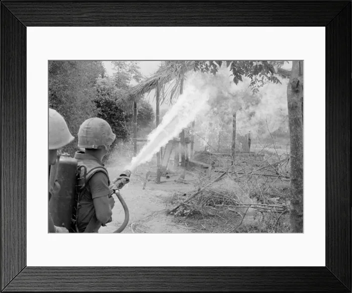 Framed Print : Vietnam War. US Marines set fire to the remains of a building with a flamethrower during a search and destroy mission in Quang Nam Province. March 21-25, 1967