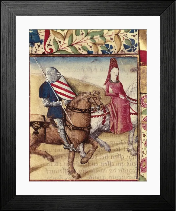 Framed Print : Everard de Espinques's 'Tristan and Iseult', written by Gassien de Poiters. Page from the third volume, with Jean Du Mas weapons