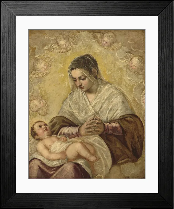 Framed Print : The Madonna of the Stars, by Jacopo Tintoretto, 1550-99, Italian painting, oil on canvas. Virgin Mary is seated with the Christ child lying across her knees