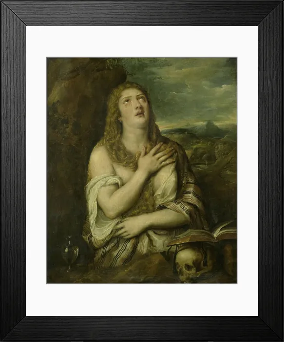 Framed Print : Penitent Mary Magdalene, by Titian, copy of original in El Escorial, c. 1550-80, Italian painting, Mary Magdalene, with tears in her eyes looking up